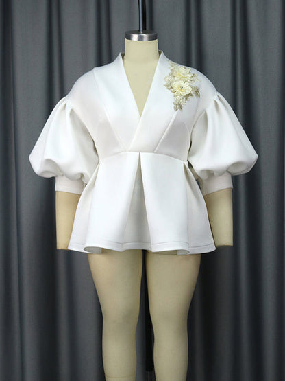 Half Sleeves Loose Asymmetric Embroidered Pleated Split-Joint Deep V-Neck Blouses&Shirts Tops