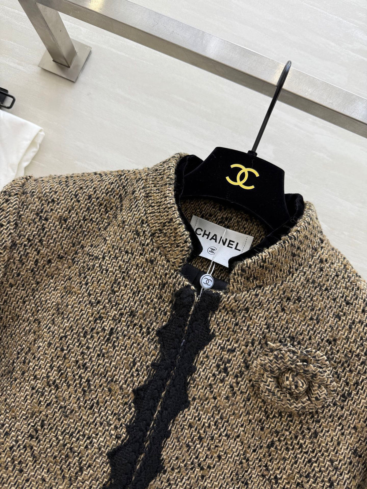 CC 26s Coat 3D Floral Embellished Beige Wool Blend Tweed