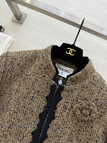 CC 26s Coat 3D Floral Embellished Beige Wool Blend Tweed