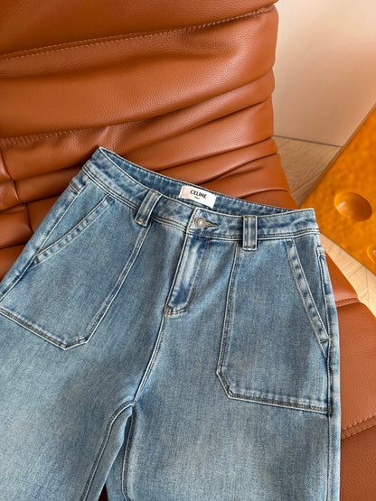 Celine Double Pockets Flared Jeans Broken Blue Polyester Cotton 345379