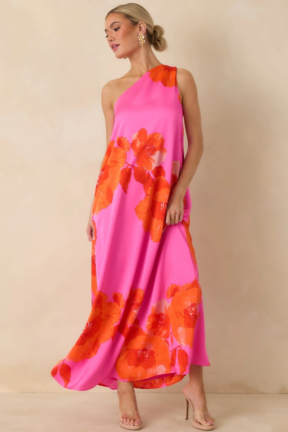 No Introduction Pink Multi Floral Print Satin One Shoulder Maxi Dress