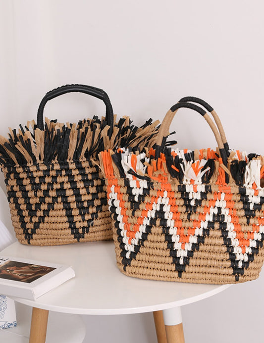 Color Block Vintage Tassel Woven Handbag
