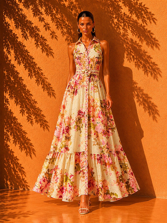 Hazel Elegant Retro Printed and Embroidered Maxi Dress