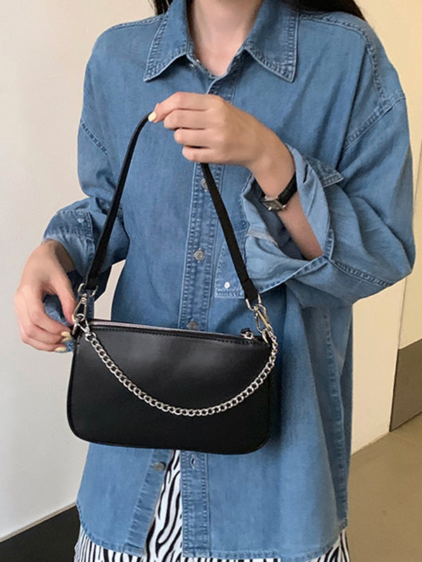 Urban Solid Color Zipper PU Shoulder Bag