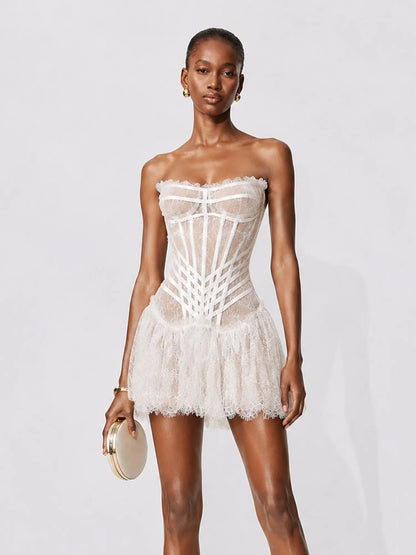 Persephone Sheer Lace Strapless Mini Dress