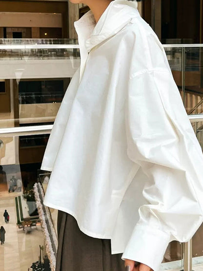 High-Low Long Sleeves Asymmetric Buttoned Solid Color Split-Side Lapel Blouses&Shirts Tops
