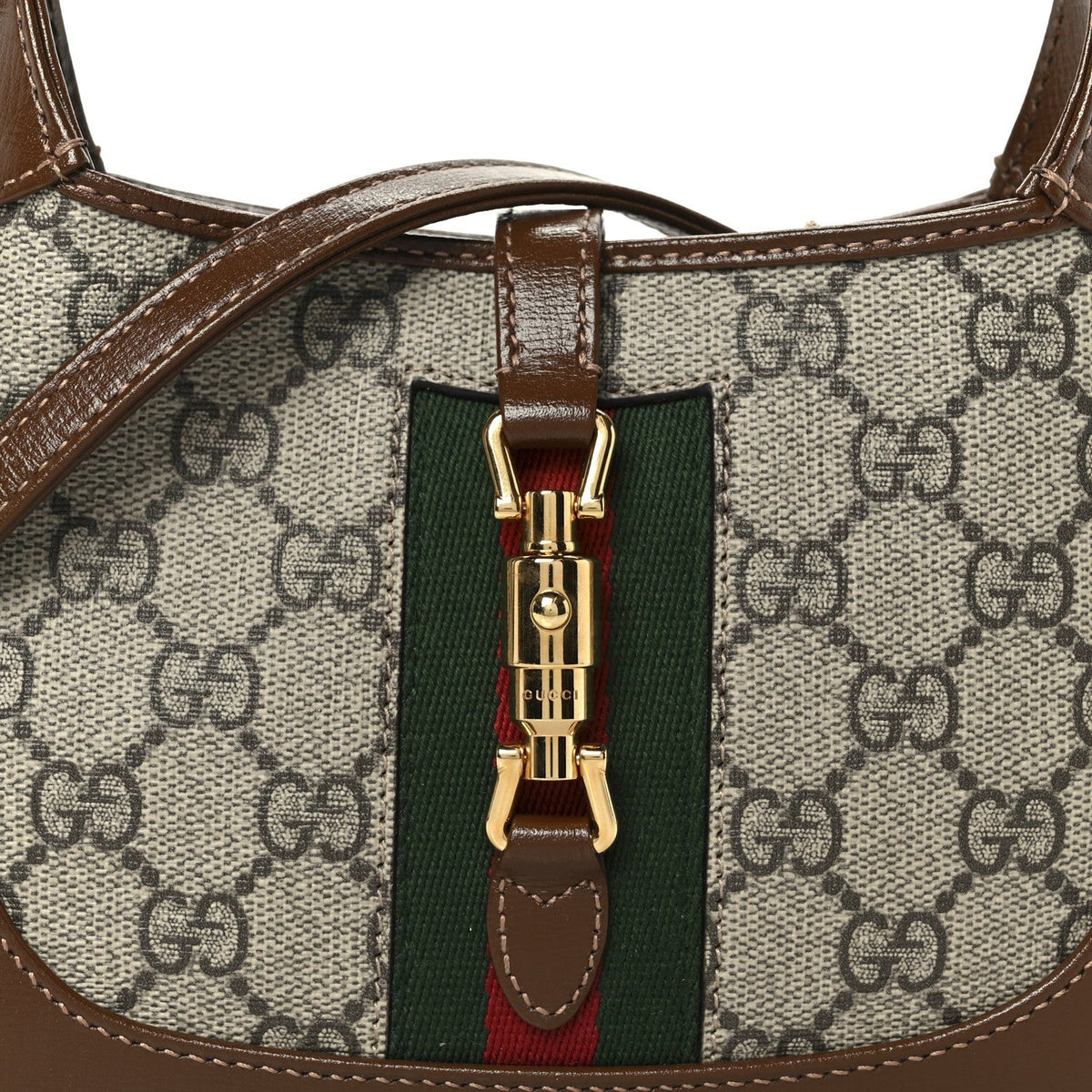GG Supreme Monogram Azalea Calfskin Web Mini Jackie 1961 Hobo Beige Ebony Brown Sugar