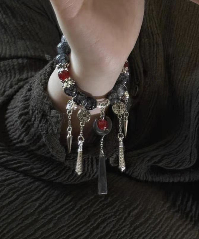 Boutique  Black Sterling Silver Crystal Gem Stone Tassel Charm Bracelet
