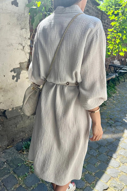 White Textured Turn Down Collar Long Shirt Dress