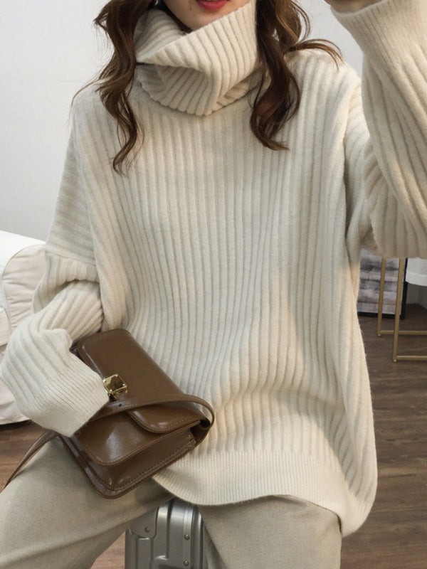 Casual Long Sleeves Loose Solid Color High-Neck Sweater Tops
