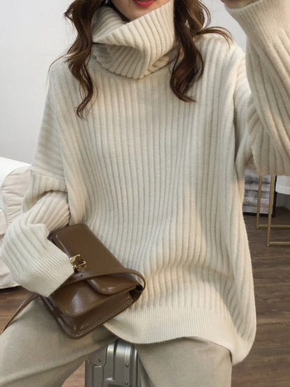 Casual Long Sleeves Loose Solid Color High-Neck Sweater Tops