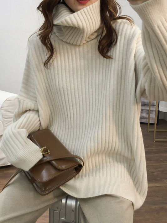 Casual Long Sleeves Loose Solid Color High-Neck Sweater Tops