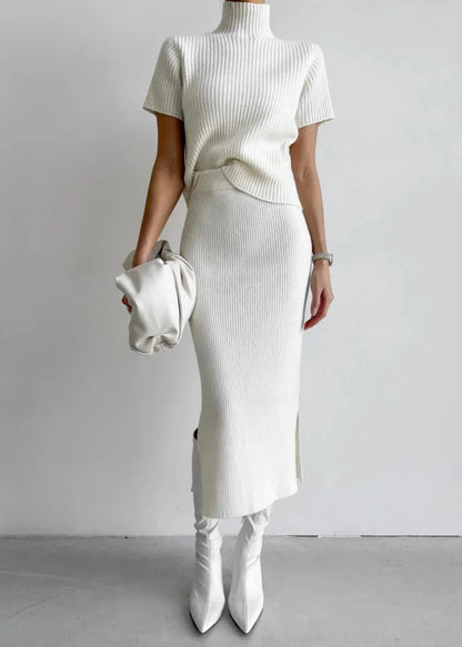 Two Piece Knit Set With Mock Neck And Skirt