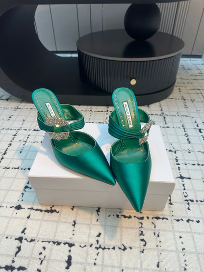 Manolo Satin Maidugura Mules 90mm Green Teal Satin