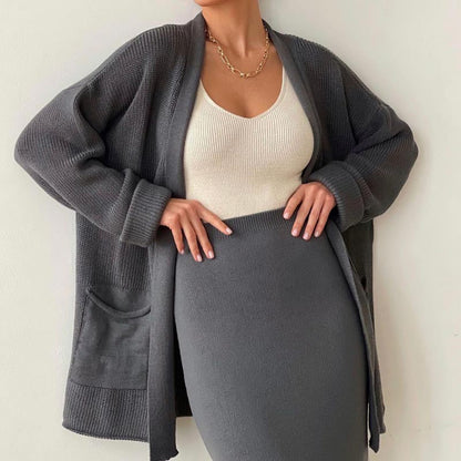 2 Pcs Solid Color Cardigan Sweater Skirt Set
