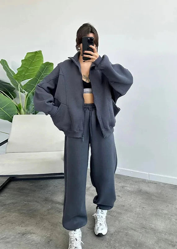 Oversized Zip Up Hoodie and Jogger Set Soft Fabric