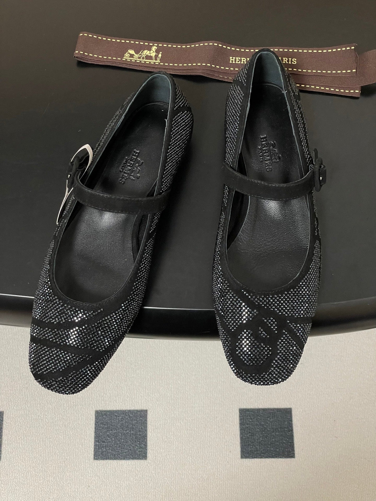 Hermes 26 Light Ballet Flat Metallic Black in Suede 594341