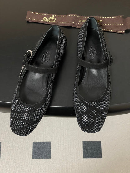 Hermes 26 Light Ballet Flat Metallic Black in Suede 594341