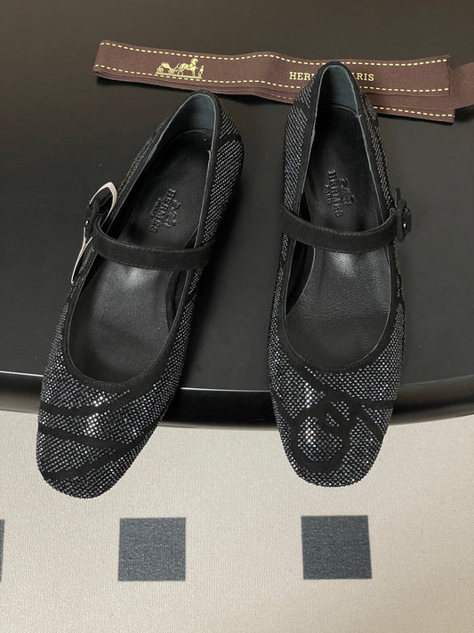 Hermes 26 Light Ballet Flat Metallic Black in Suede 594341
