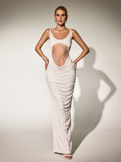 Brythis Spaghetti Ruched Lace Maxi Dress