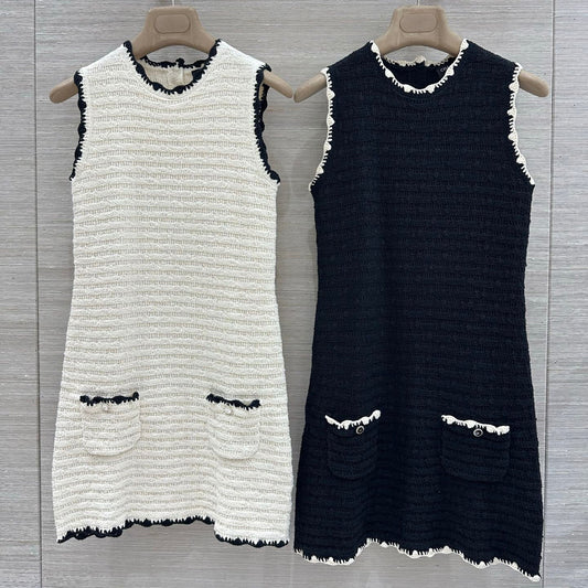 Chanel 2026 Sleeveless Dress Black and Off-White Wool
