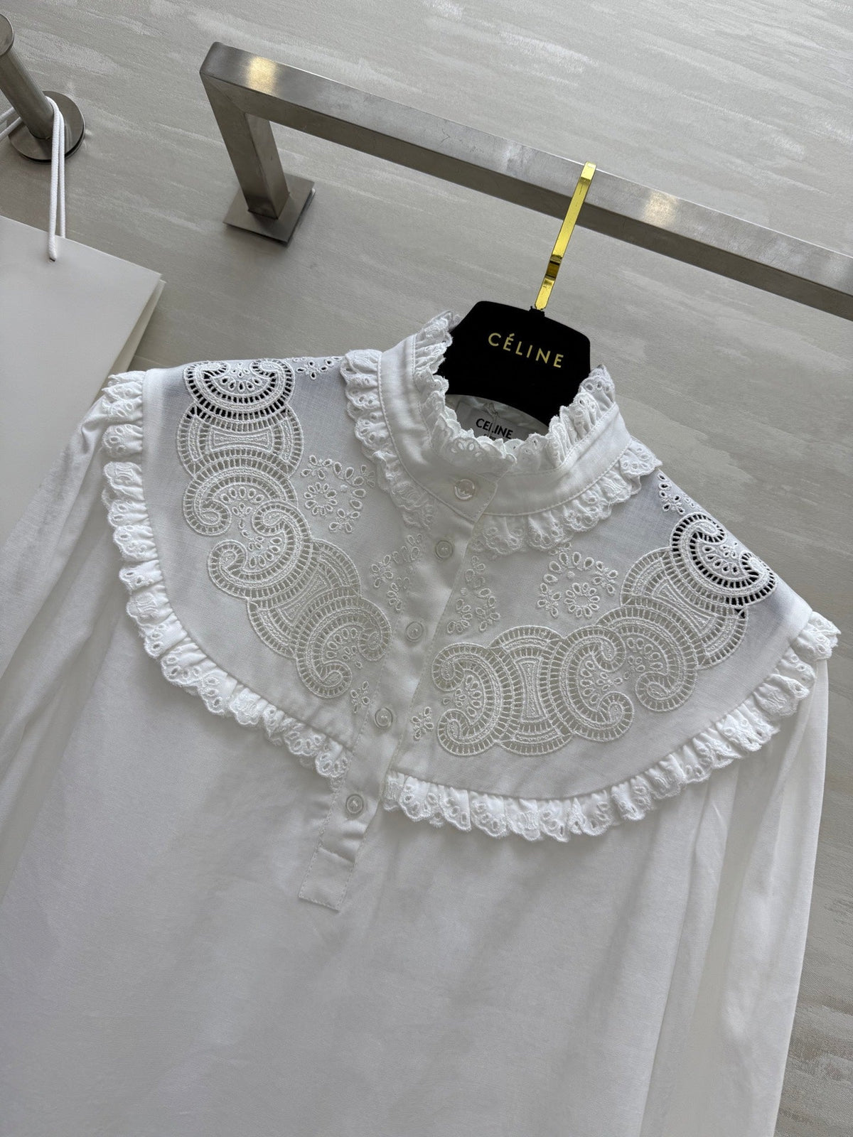 Celine 25 Long sleeve embroidered shirt dress White Cotton