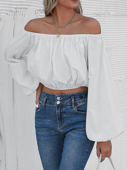 Long Sleeves Loose Elasticity Pleated Solid Color Off-The-Shoulder T-Shirts