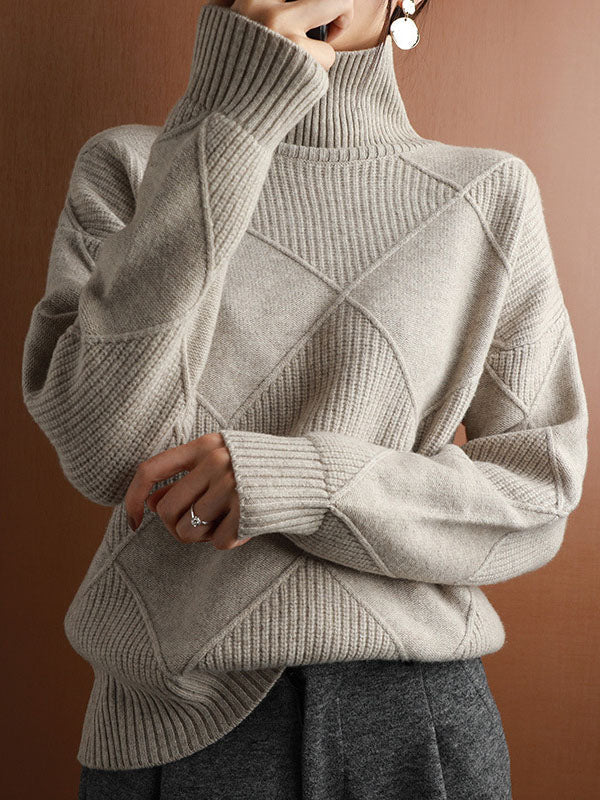 Loose Jacquard Solid Color High-Neck Sweater Tops