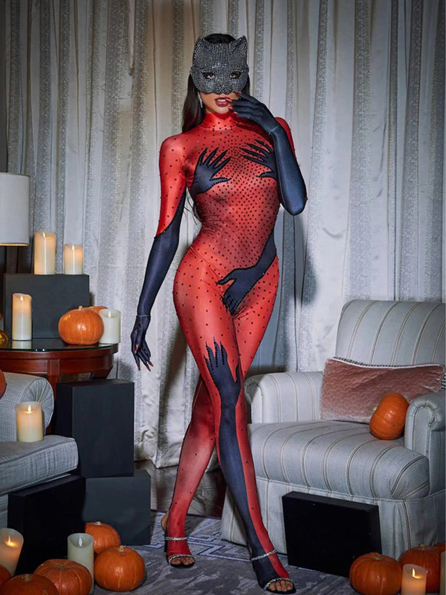 Esau Hands Printed Rhinestone Gloves Jumpsuit In Red