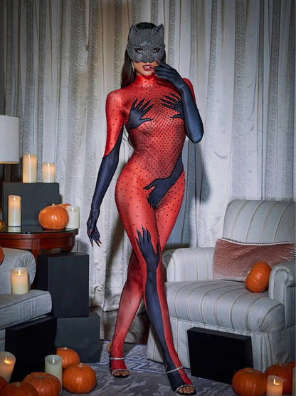 Esau Hands Printed Rhinestone Gloves Jumpsuit In Red