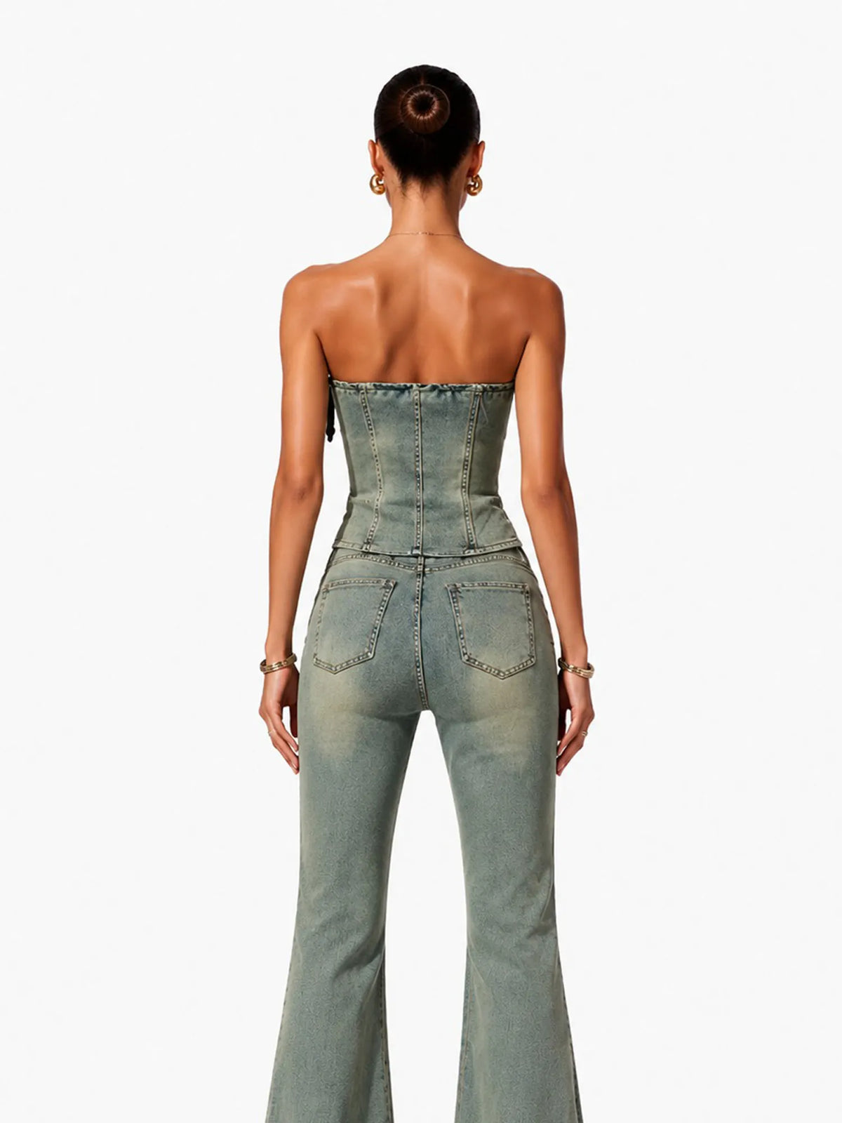 Sophia Chic Contour Bow Denim Top And Pant Two Piece Set