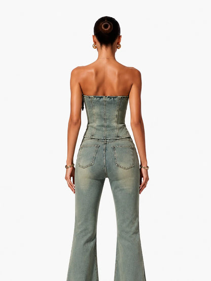 Sophia Chic Contour Bow Denim Top And Pant Two Piece Set