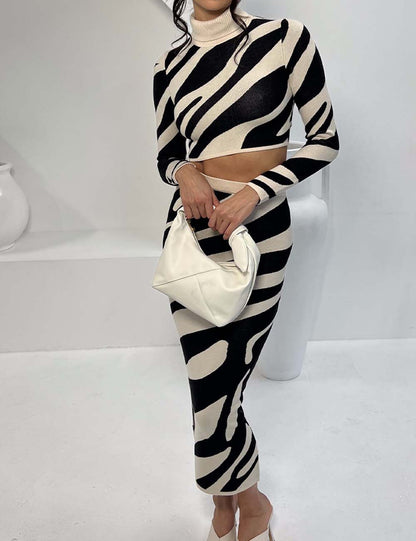 2 Pcs Fall Striped Long Sleeve Bodycon Maxi Skirt