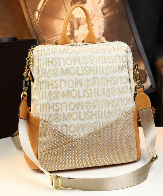Women Casual Apricot Graphic Zircon Calf Leather Backpack Bag