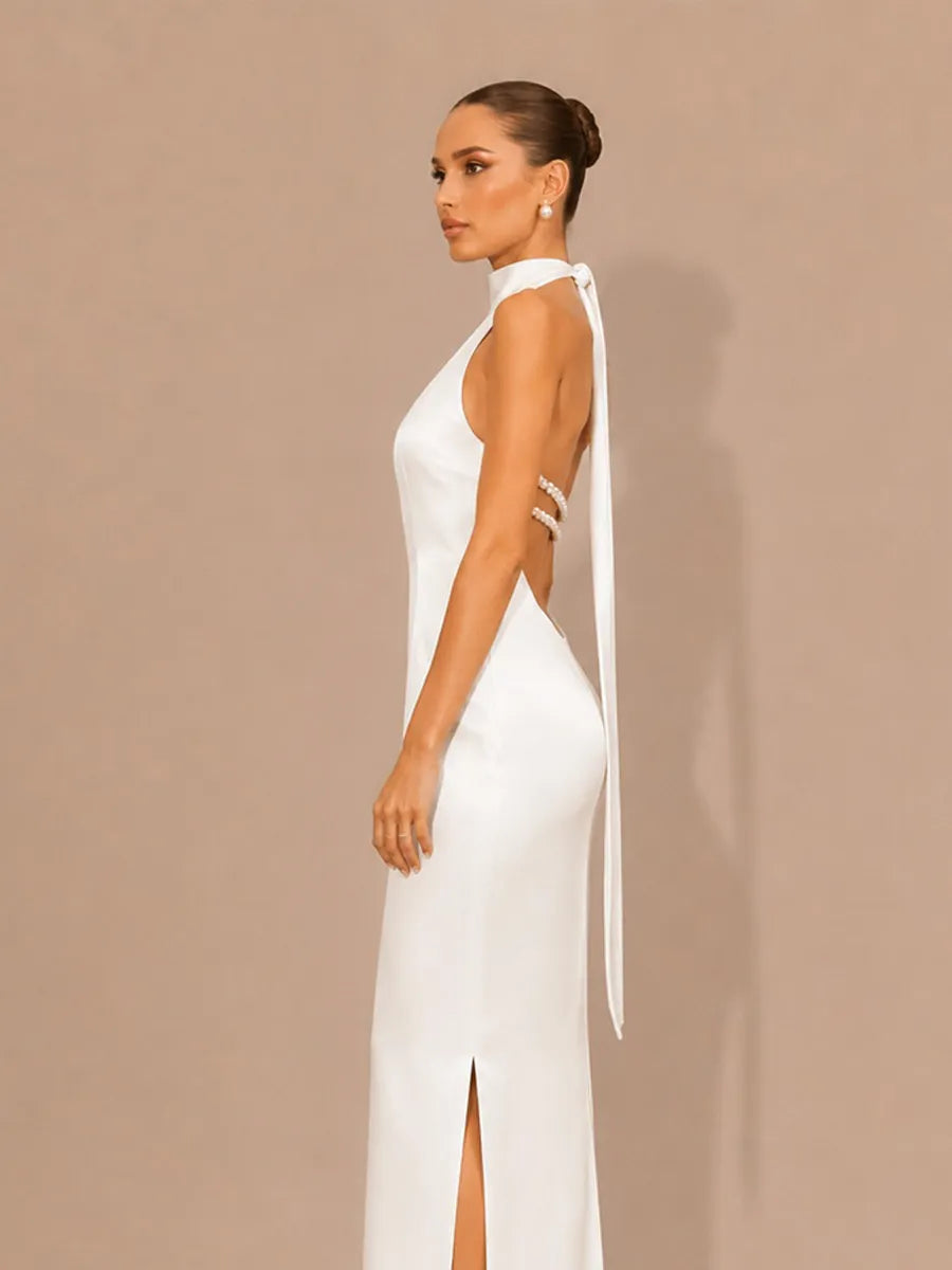 Selene Halter-Neck Beaded-Back Maxi Dress