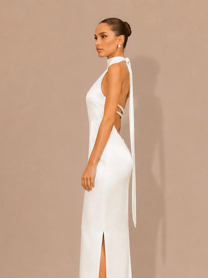 Selene Halter-Neck Beaded-Back Maxi Dress