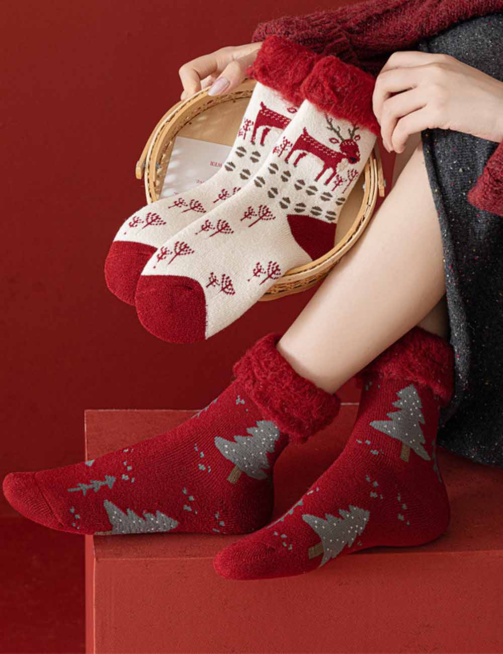 Christmas Reindeer Winter Fuzzy Crew Socks