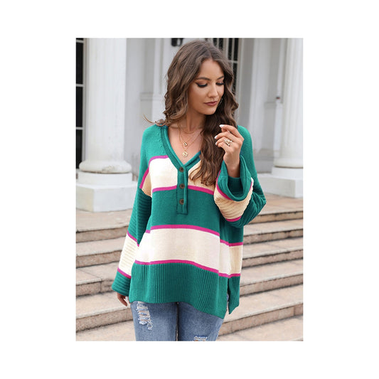 Casual Long Sleeves Loose Striped V-Neck Sweater Tops