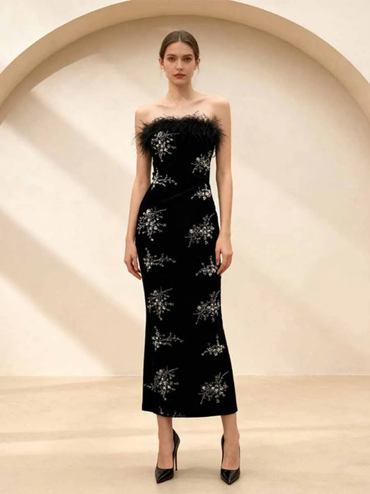 Isla Diamond Encrusted Feather Maxi Dress