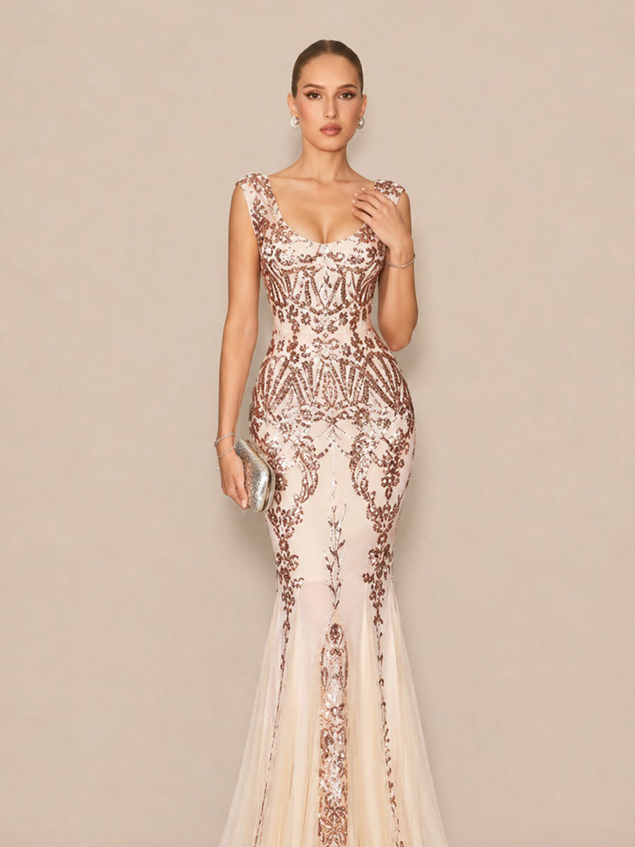 Alora Glamorous Contour V Neck Sequin Pattern Maxi Dress