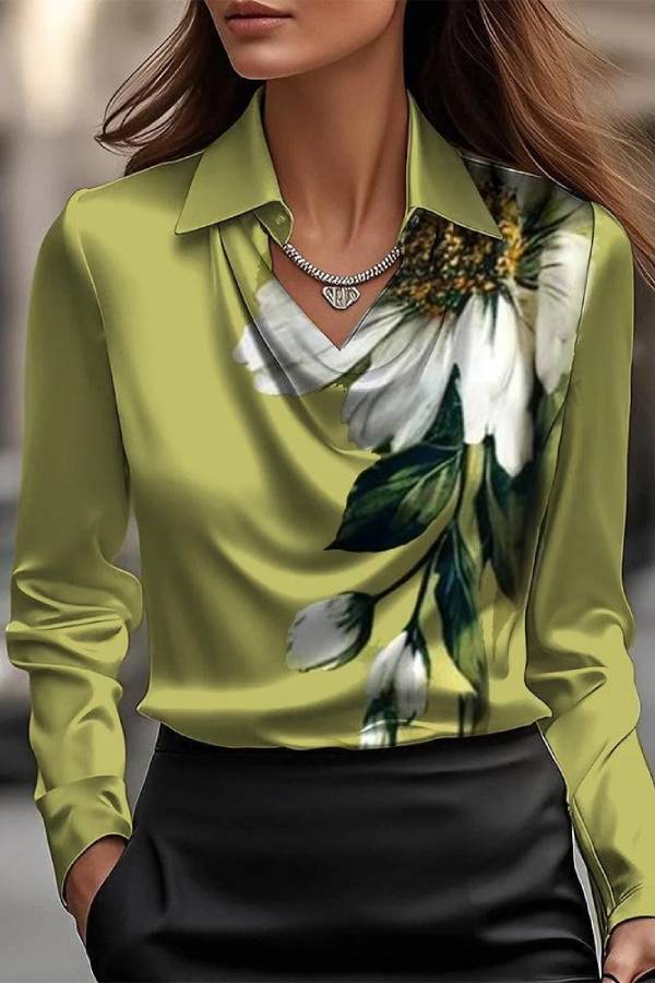 Temperamental Printed Simple Shirt Collar Ladies Top