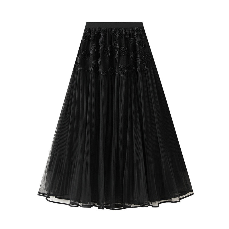 Floral Embellished Tulle Midi Skirt