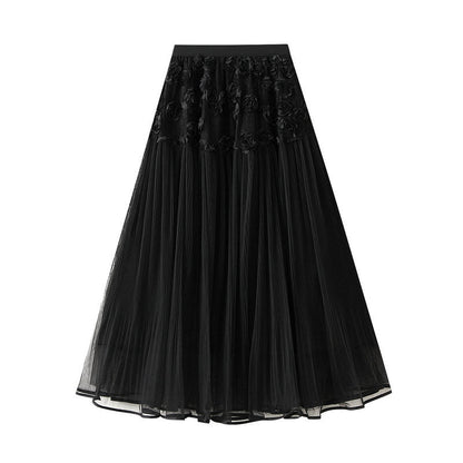 Floral Embellished Tulle Midi Skirt