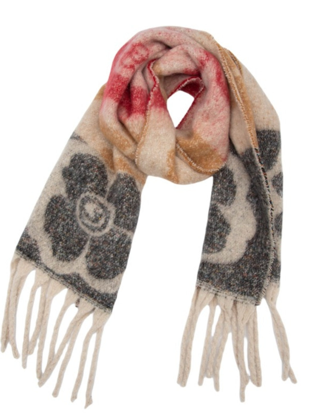 Scarvii - Retro Color-Block Fringe Scarf with Floral &amp; Leaf Patterns