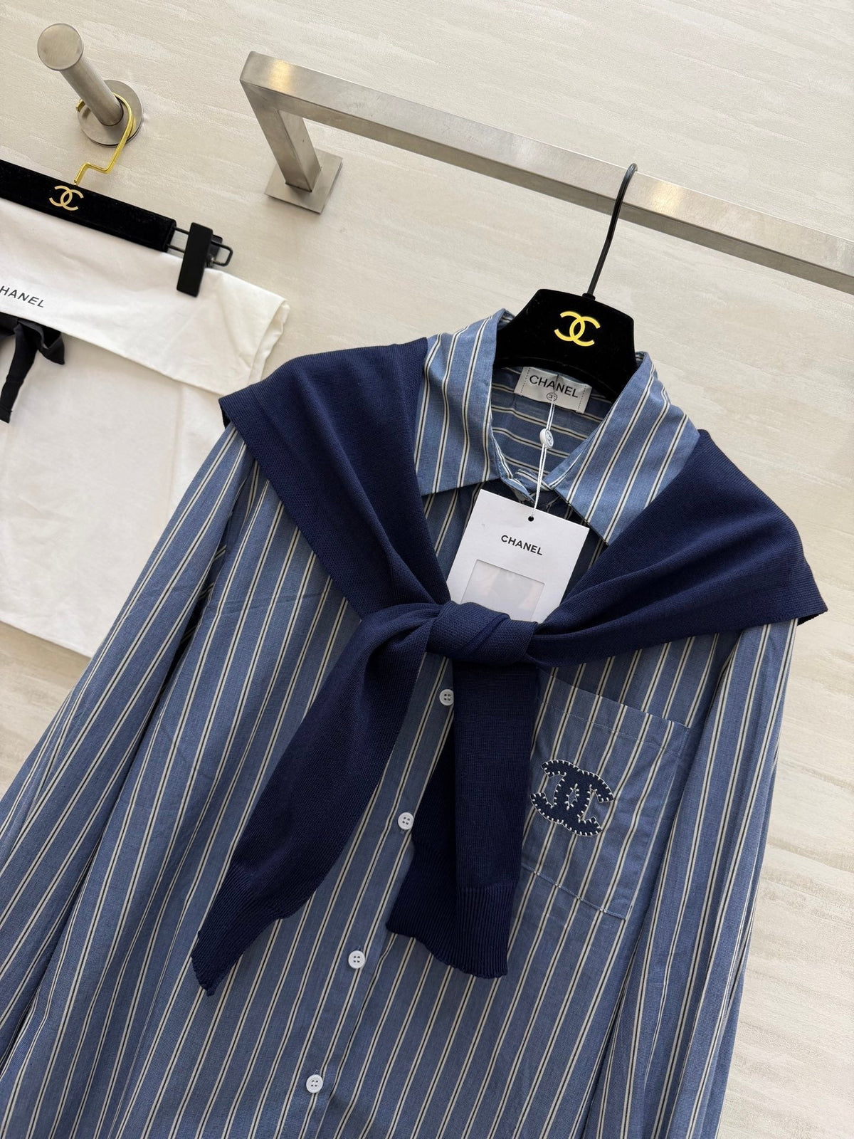 CC Striped Shirt & Knitted Shawl Blue White Cotton 344723