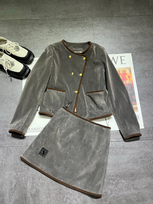 Celine 26ss Short Jacket + A-Line High-Waisted Skirt Set Gray in Suede 189584
