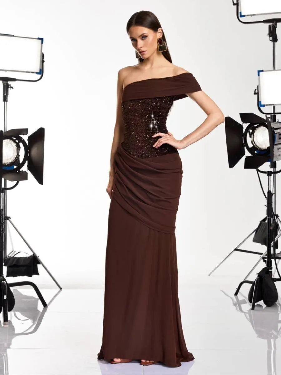 Samantha One Shoulder Sequin Ruched Maxi Dress