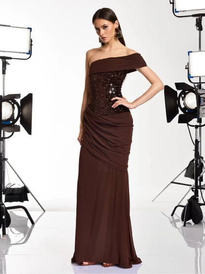 Samantha One Shoulder Sequin Ruched Maxi Dress