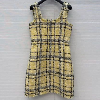 Balmain 26s Slip Dress Yellow Black Tweed 346071