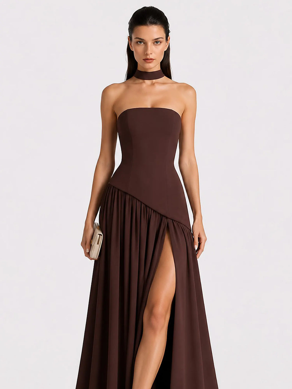 Celeste Strapless Ruched Slit Maxi Dress In Brown